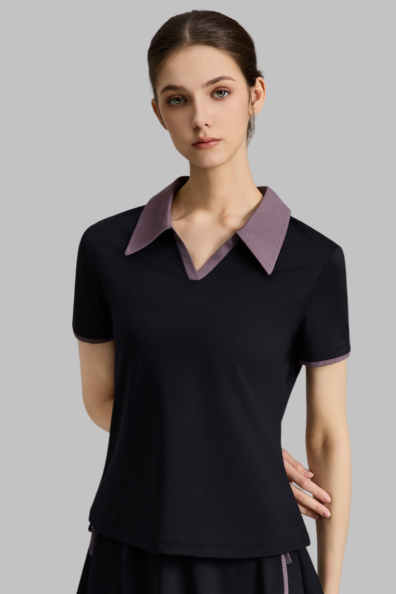 Women's Color-Block Polo V-Neck Sports Tennis T-Shirt