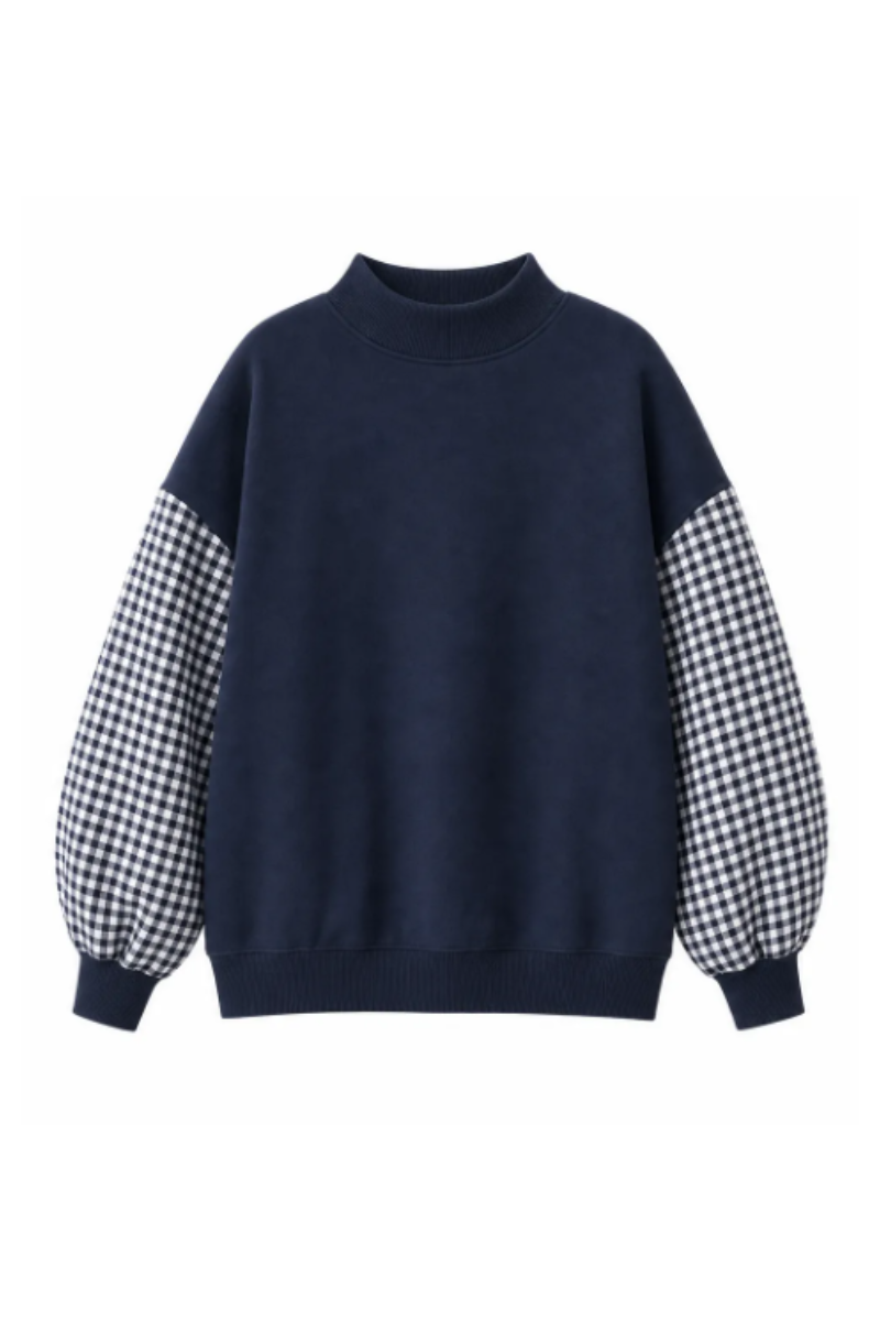 Women's Fall Gingham Spliced Oversize Mock Neck Sweatshirt