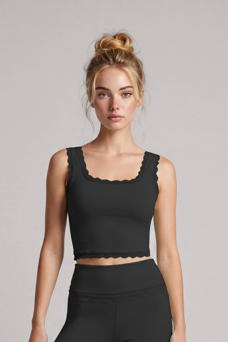 Women's Lace Trim Square Neck Cropped Sports Yoga Tank Top