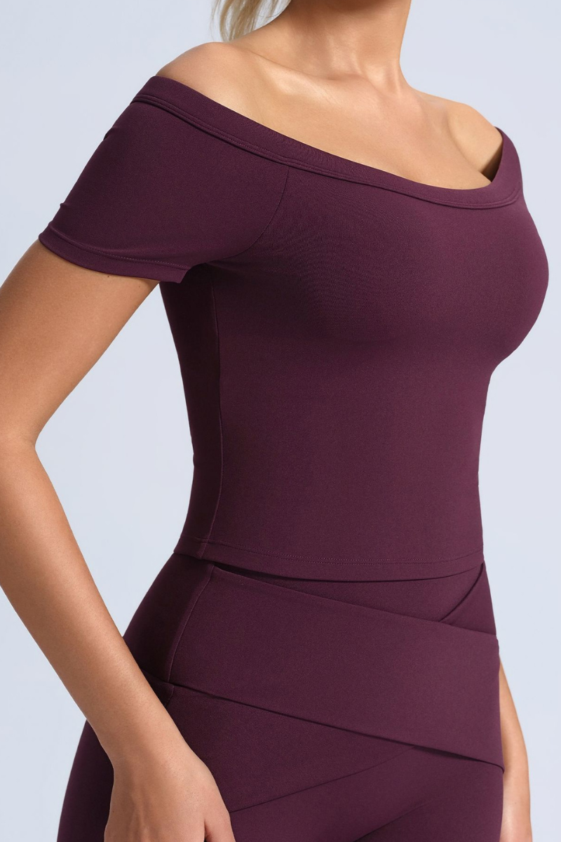 Women's Athletic Off-The-Shoulder Slim Solid Yoga T-shirt