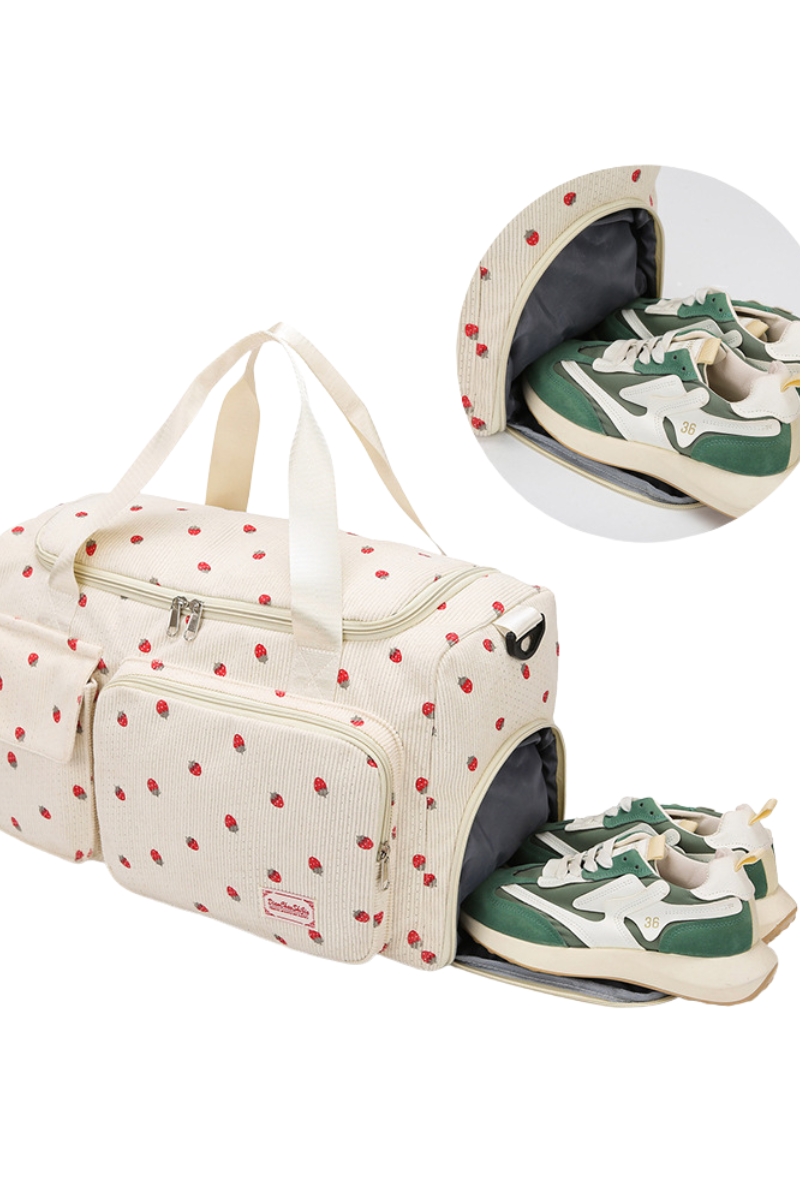 Strawberry Print Corduroy Multi-Pocket Travel Duffel Bag