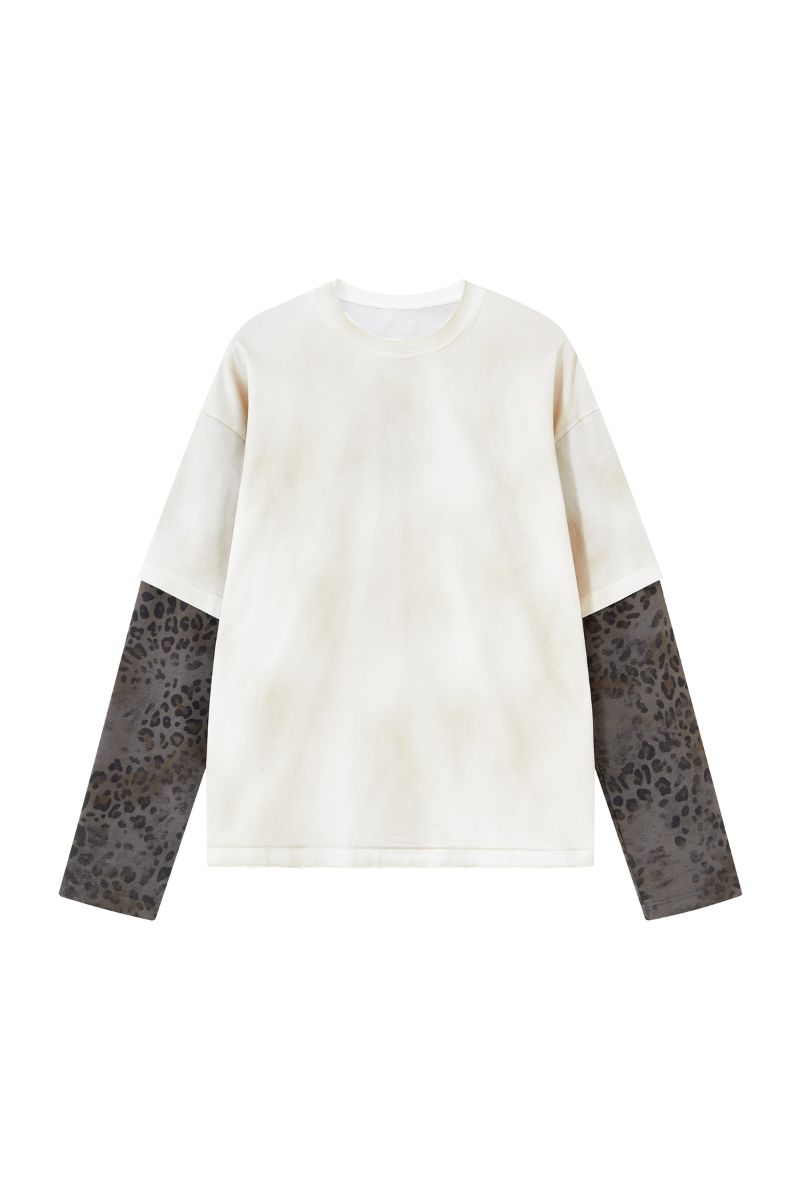Women's Fall 100% Cotton Leopard Print Splicing Fake Two-Piece Long Sleeve Tee