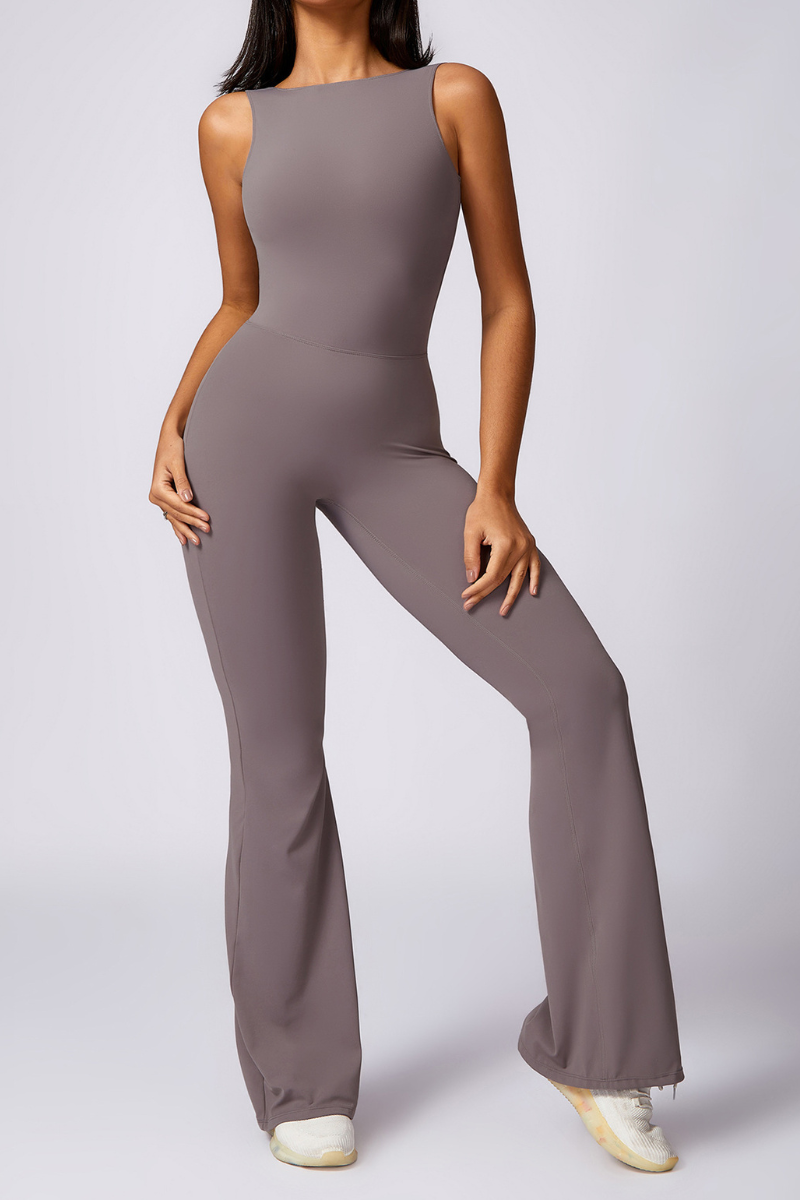 Women Pleated Buttocks Lift Padded Flared Leg Yoga Jumpsuit