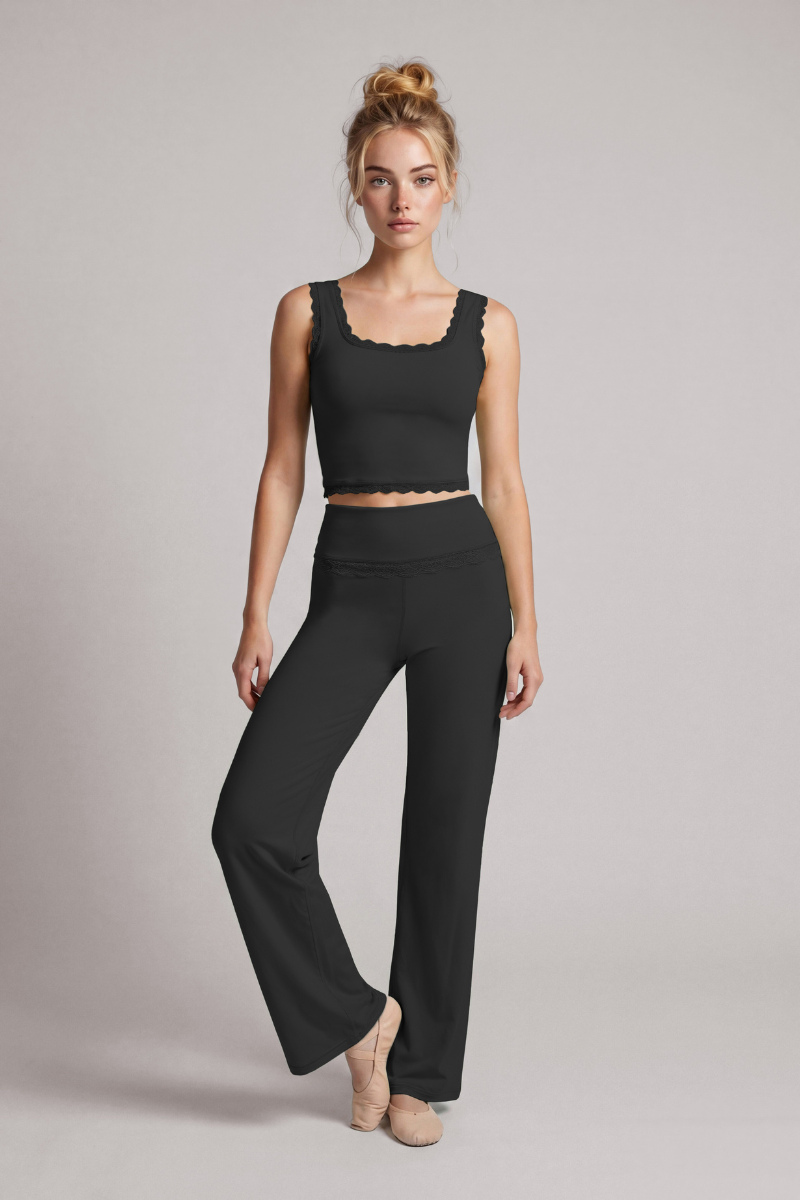 Women's Lace Trim Tank Top And Wide Leg Pants Workout Set