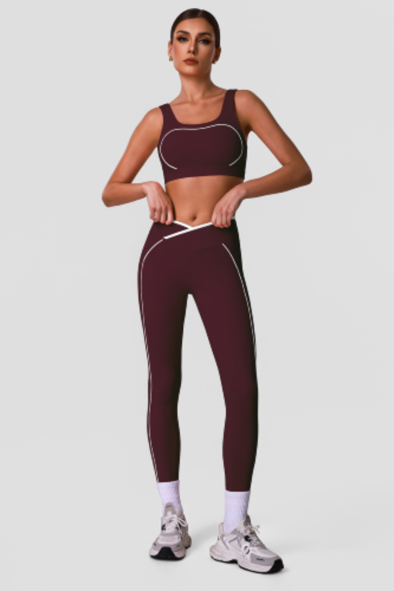 Women's Contrast Line Sports Sets:Bra And V-Waist Leggings