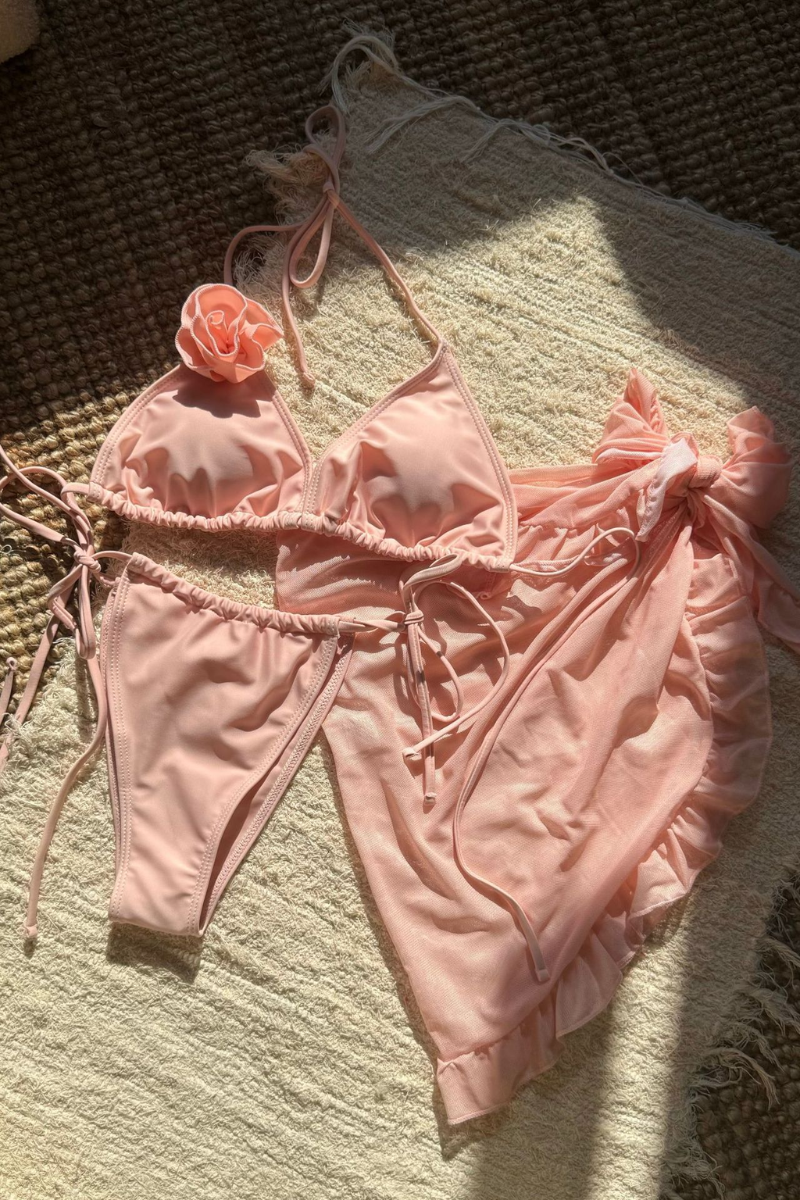Women's Flower Halter Triangle Ruffle Bikini Three-Piece Set