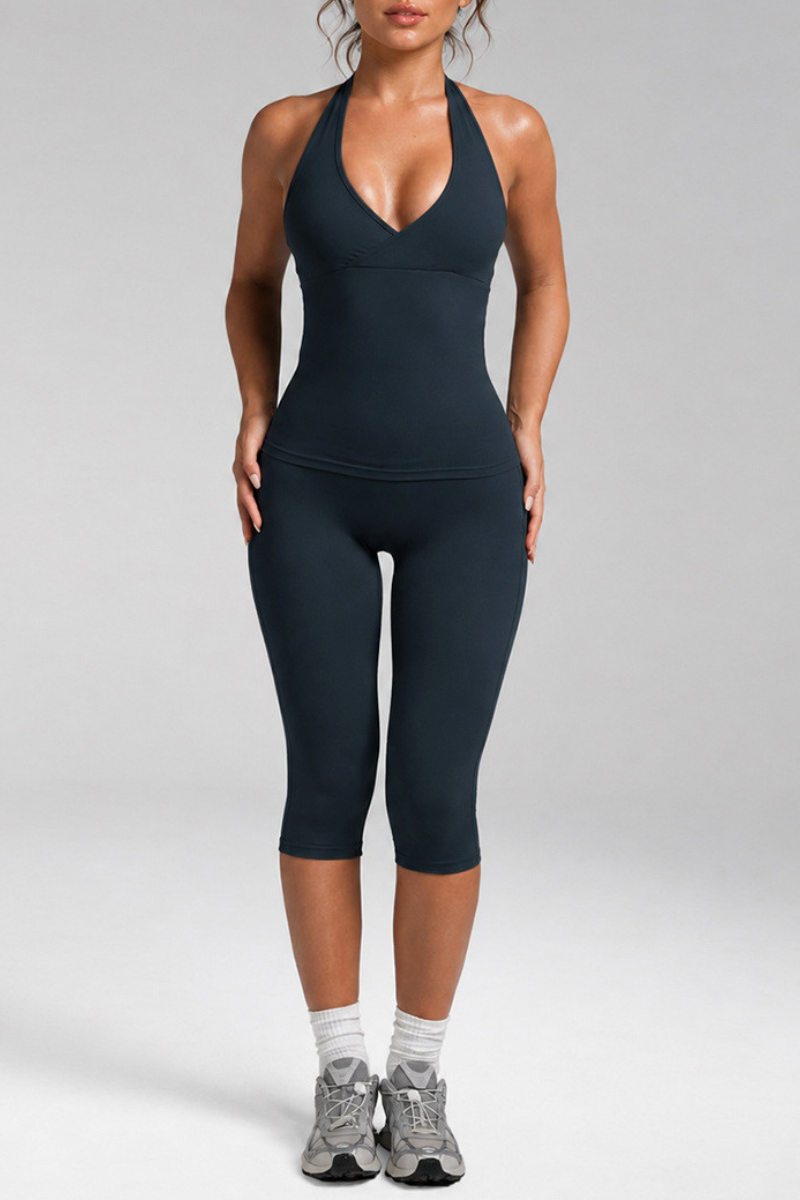 Women's Anthletic Deep V Halter Tank Top And Capri Yoga Set