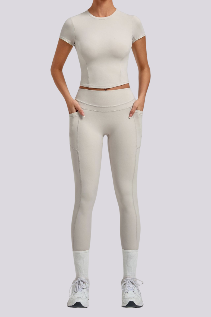 Women's Crew Neck T-shirt Pocket Leggings Yoga 2 Piece Set