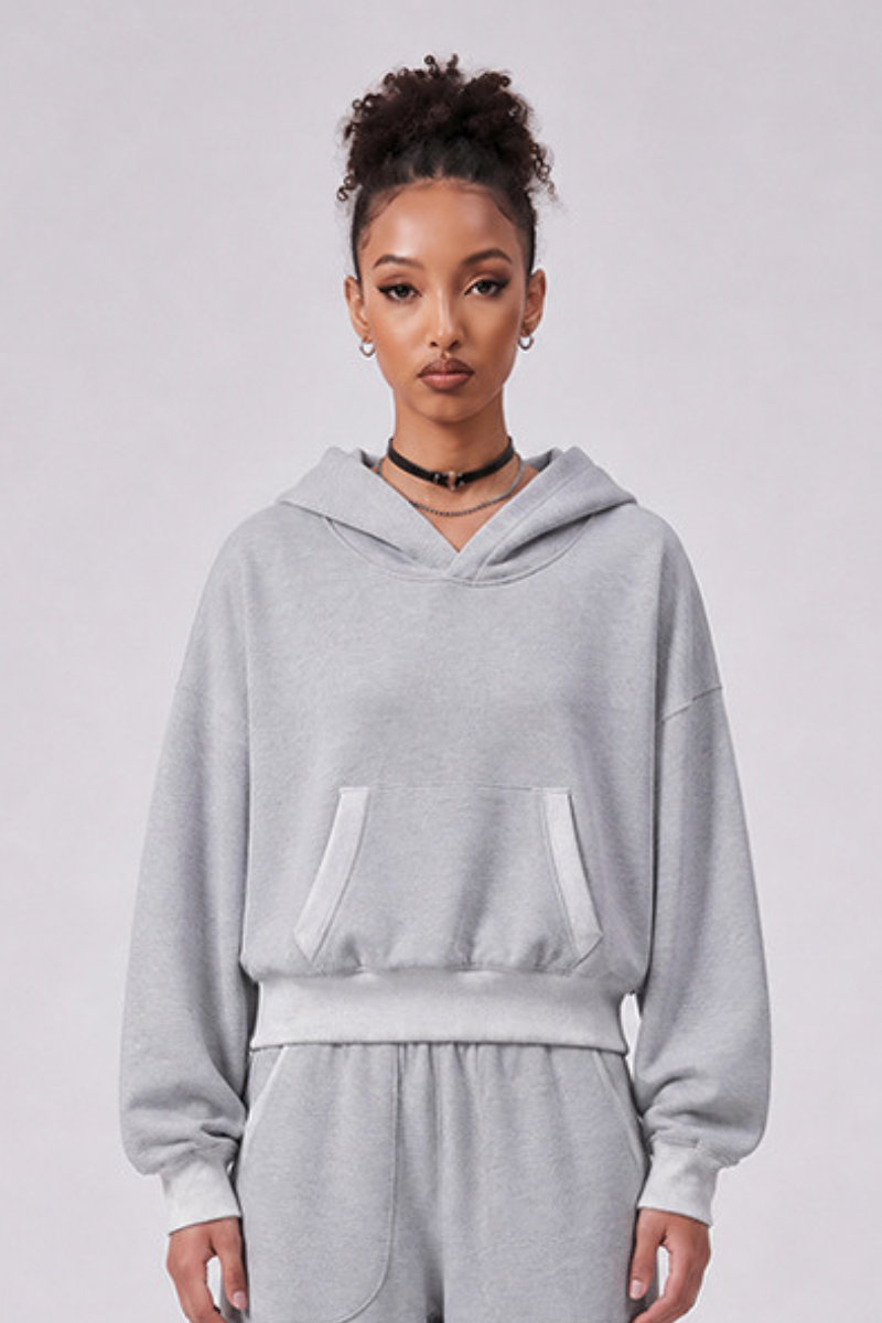 Women's Fall 100% Cotton Contrast-Stitch Boxy Cropped Hoodie