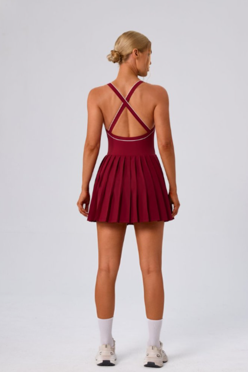 Women's Color Block V-Neck Cross-Back Pleated Tennis Dress