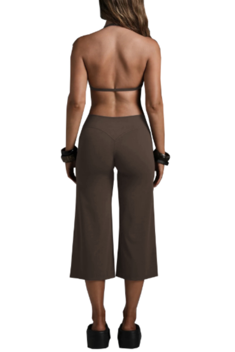 Women's Halter V-Neck Triangle Cup Sports Bra & High-Waist 7/8 Wide-Leg Yoga Pants Set
