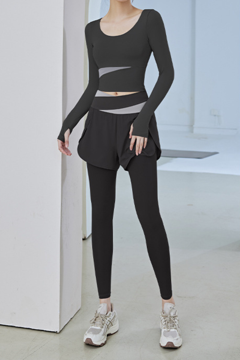 Women's Athletic Sets:Long Sleeve Top& 2-in-1 Shorts Leggings