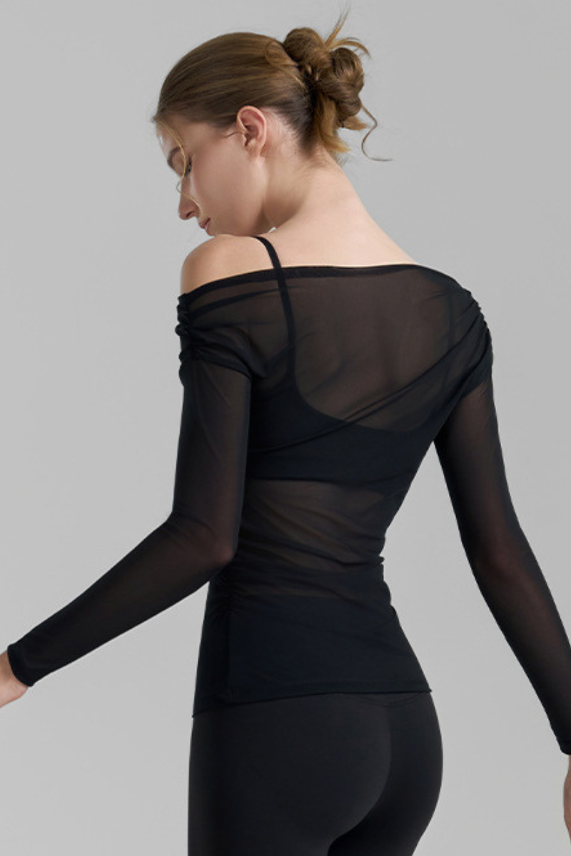 Women's Asymmetric  Shoulder Sheer Mesh Long Sleeve Yoga Top
