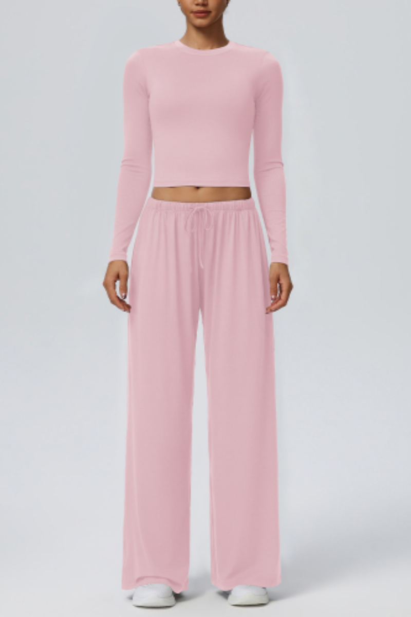 Women's Crew Neck Cropped Top and Casual Pants 2 Piece Set