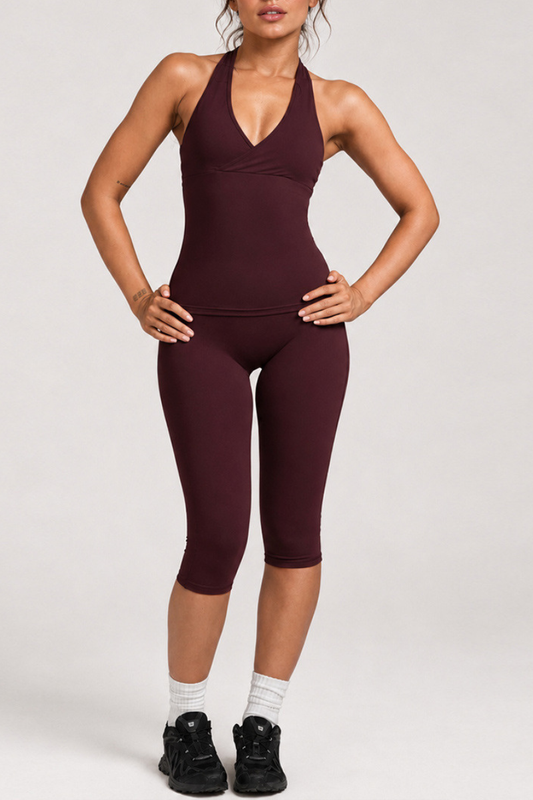 Women's Anthletic Deep V Halter Tank Top And Capri Yoga Set
