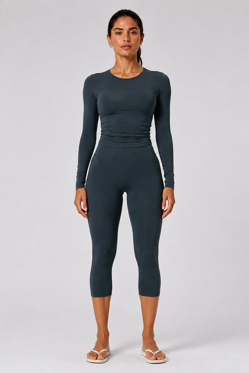 Women's Brushed Crew Neck Long Sleeve T-shirt And Capri Yoga Set