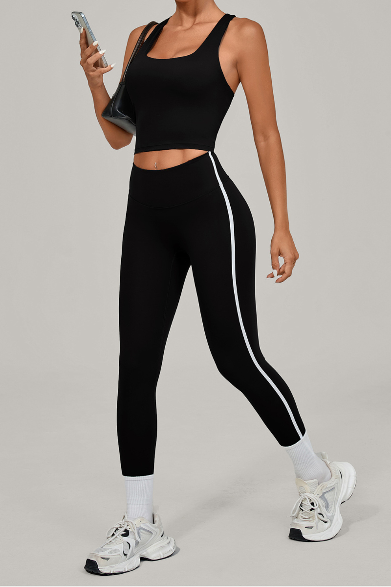 Women Athletic Sets:U-neck Cropped Tank Top And Leggings