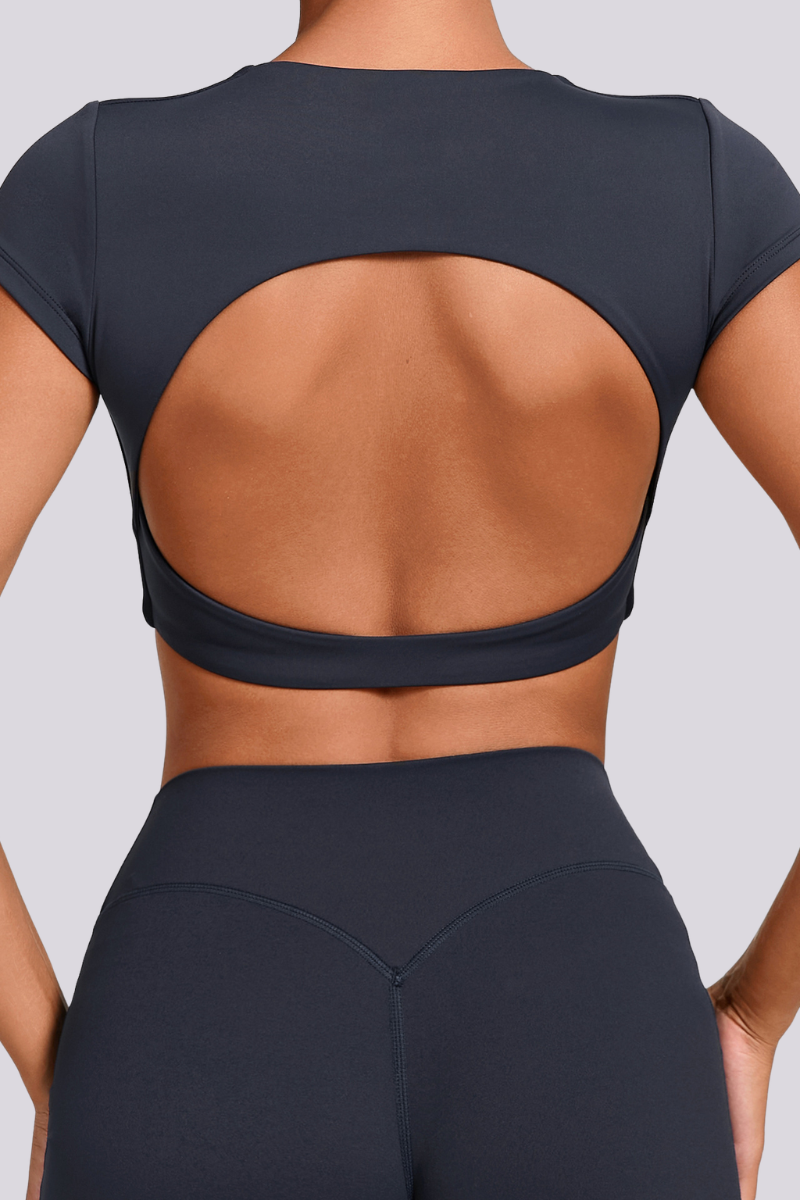 Women's Athletic Cut Out Back Cropped Solid T-shirt