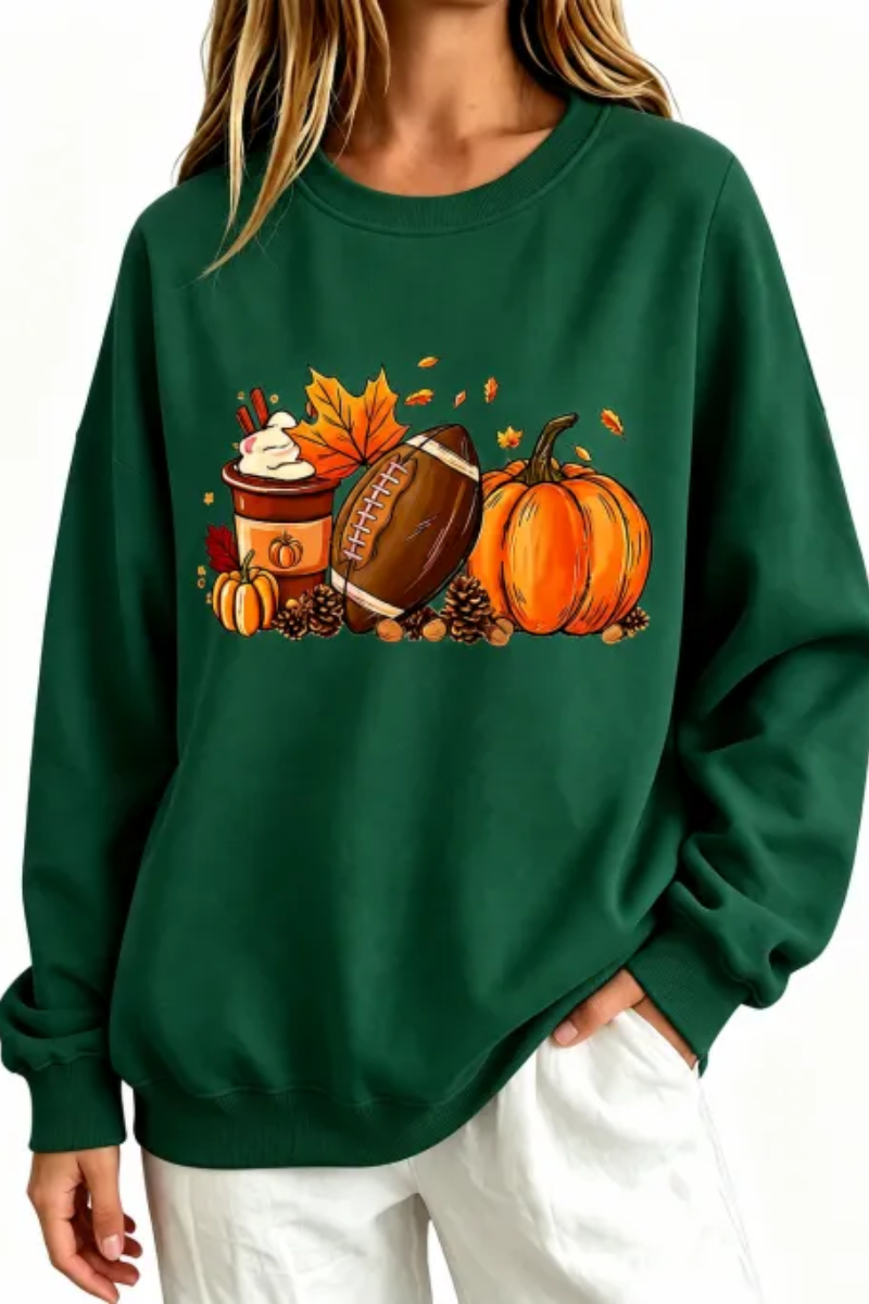 Women's Fall Halloween Pumpkin Football Coffee Print Thin Sweatshirt