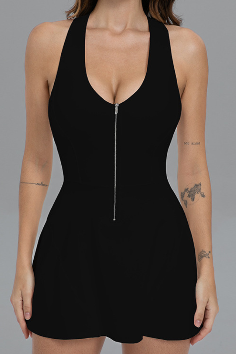 Women's Half Zip Halter Racerback Dress with Built-in Shorts