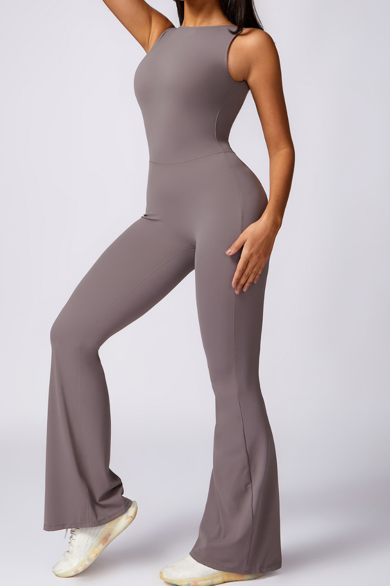 Women Pleated Buttocks Lift Padded Flared Leg Yoga Jumpsuit