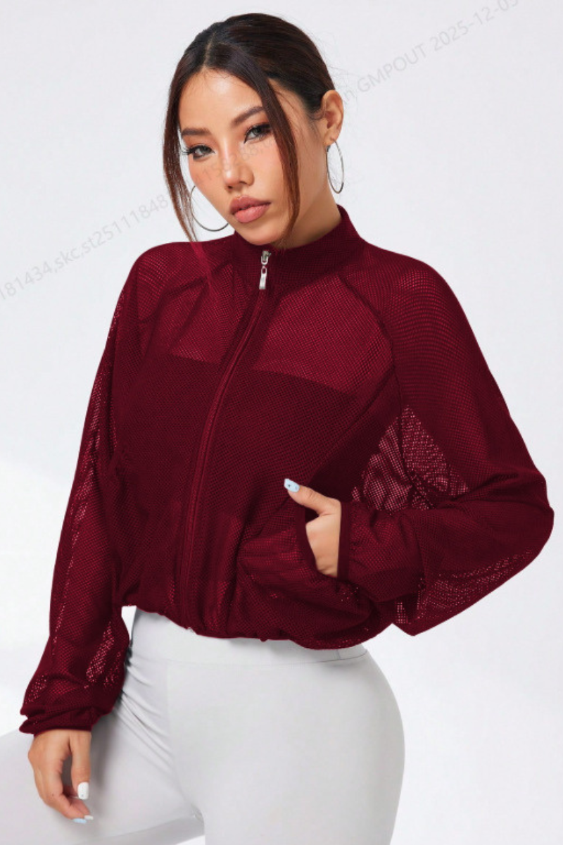 Women's Mock Neck Full Mesh Sheer Cropped Zip-Up Jacket