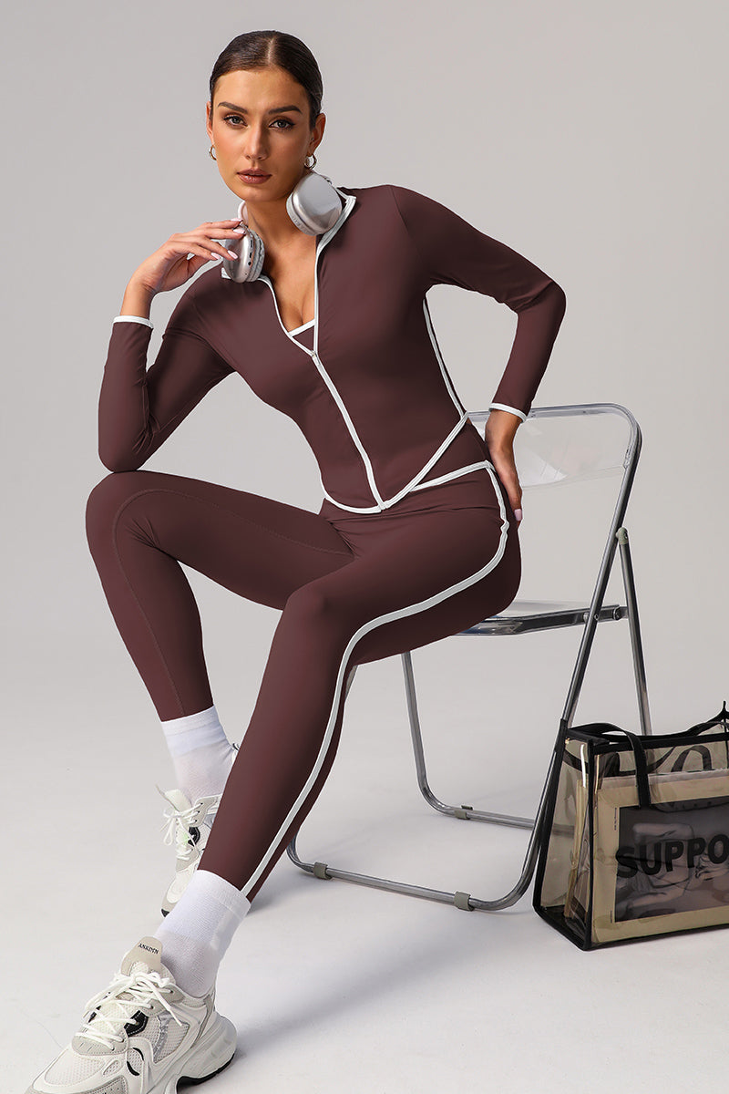 2 Pcs Set Contrasting Color Slim Jacket + Yoga Sports Legging