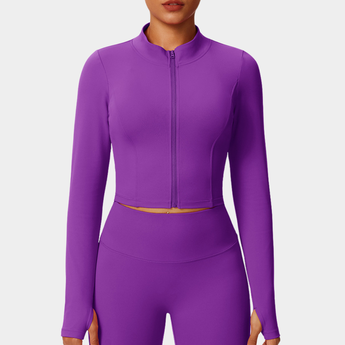Women's Mock Neck Zipper Cropped Finger Cuffs Sports Jacket
