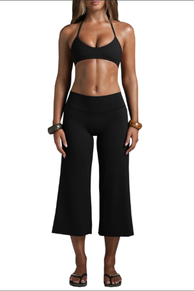 Women's Halter V-Neck Triangle Cup Sports Bra & High-Waist 7/8 Wide-Leg Yoga Pants Set