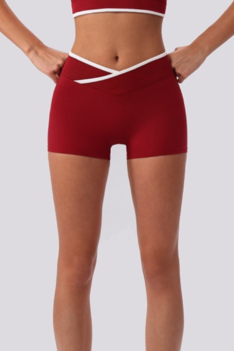 Women's Contrast Cross V Waist Bare Feel Yoga Shorts
