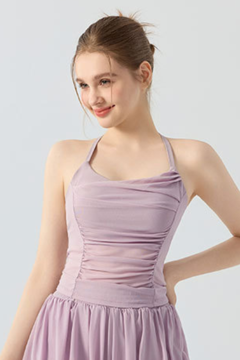Women's Halter Mesh Ruched Waist Padded Yoga Tank Top