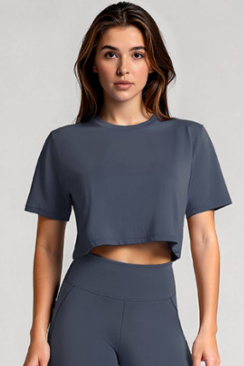 Women's Basic Crew Neck Loose Cropped Sports T-shirt