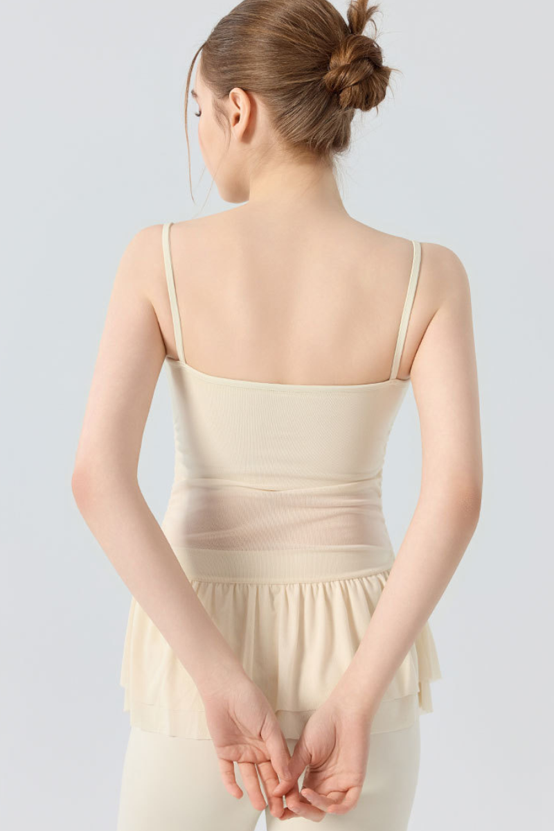 Women's Double Ruffle Hem Mesh Ruched Waist Yoga Cami