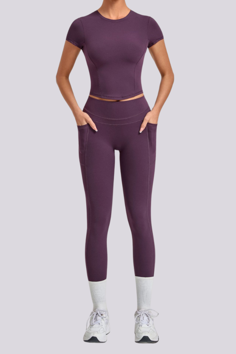 Women's Crew Neck T-shirt Pocket Leggings Yoga 2 Piece Set