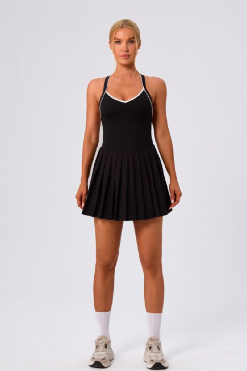 Women's Color Block V-Neck Cross-Back Pleated Tennis Dress