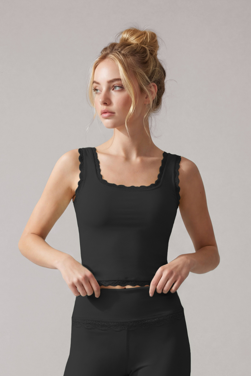 Women's Lace Trim Square Neck Cropped Sports Yoga Tank Top