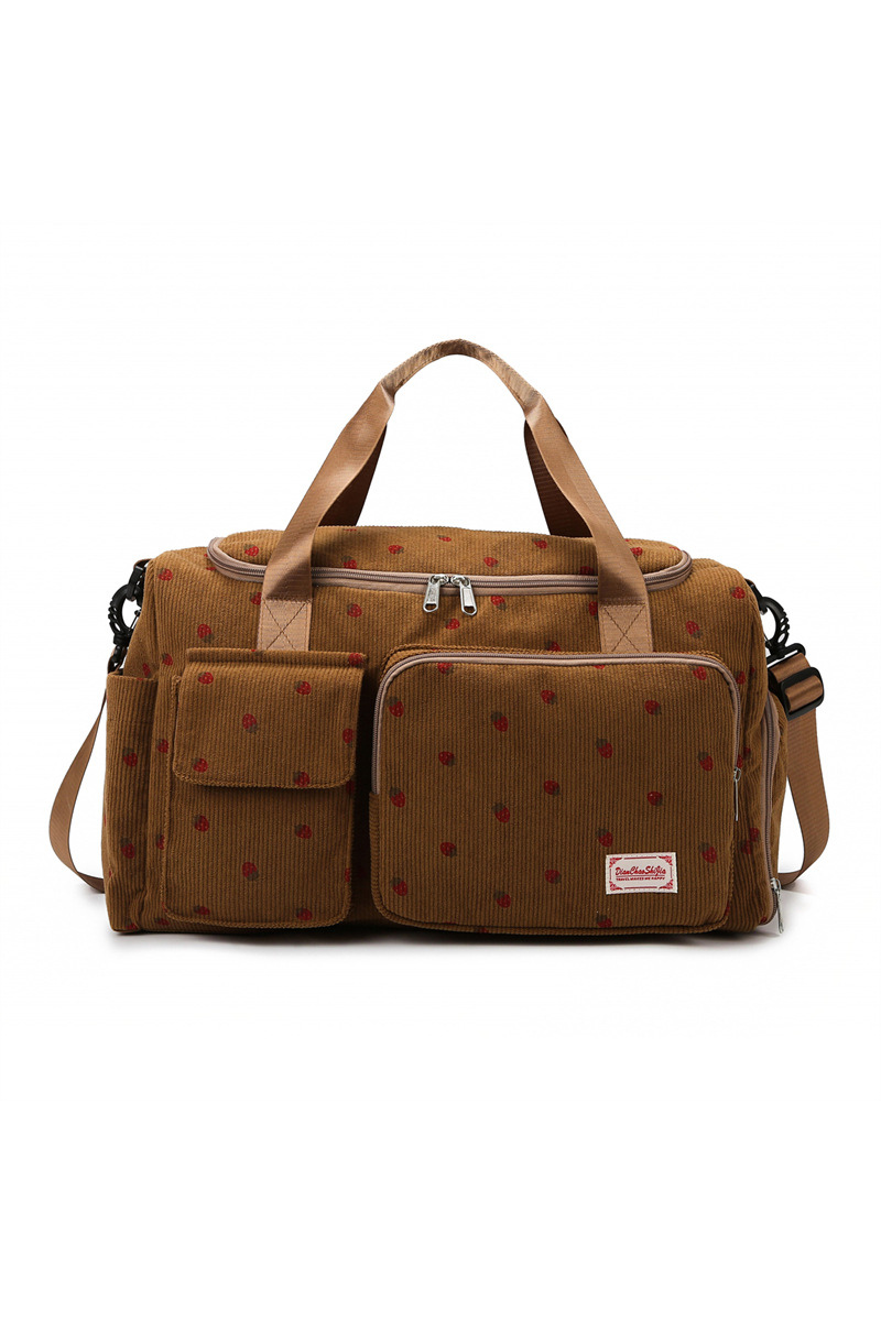 Strawberry Print Corduroy Multi-Pocket Travel Duffel Bag