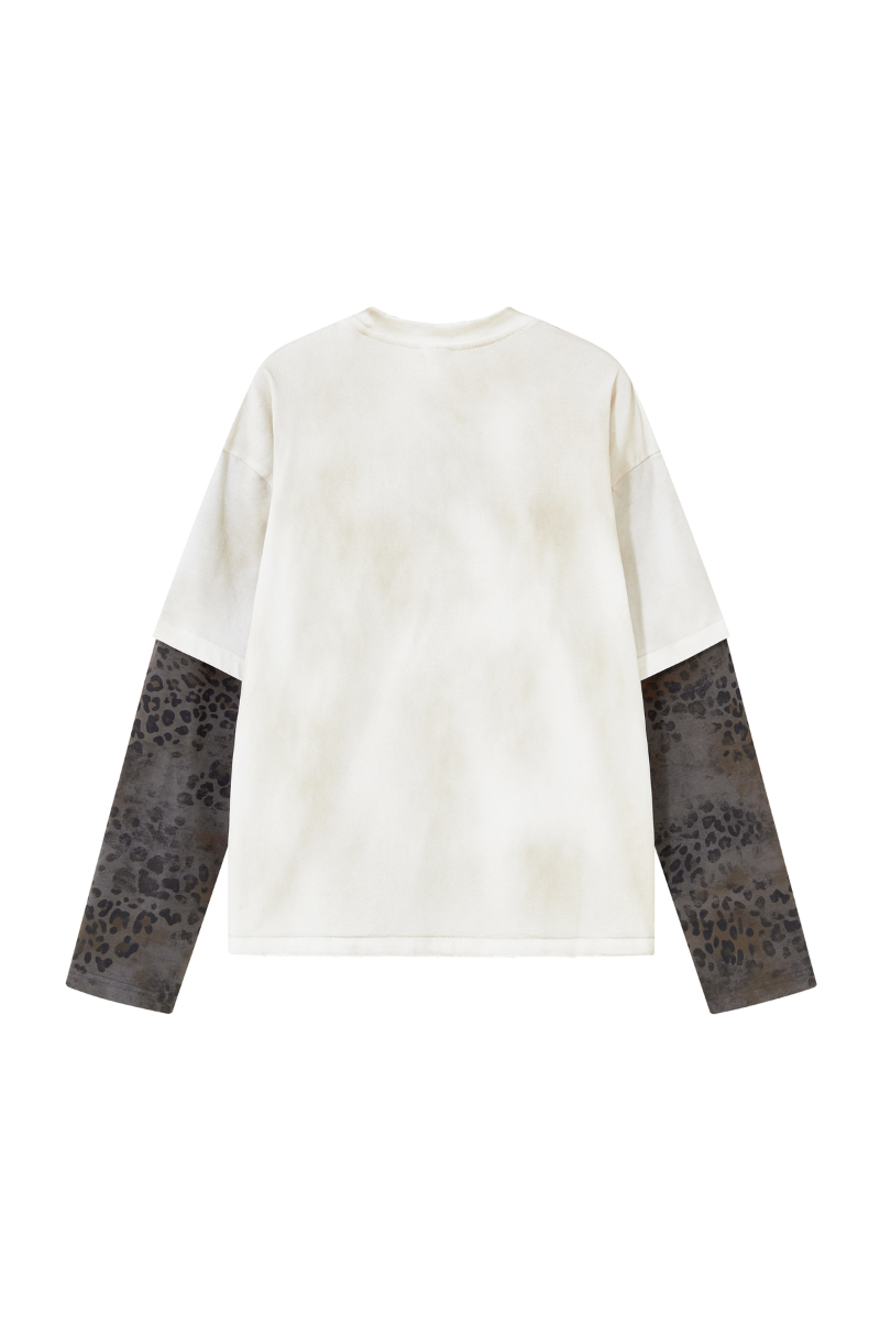 Men's Fall 100% Cotton Leopard Print Splicing Fake Two-Piece Long Sleeve Tee