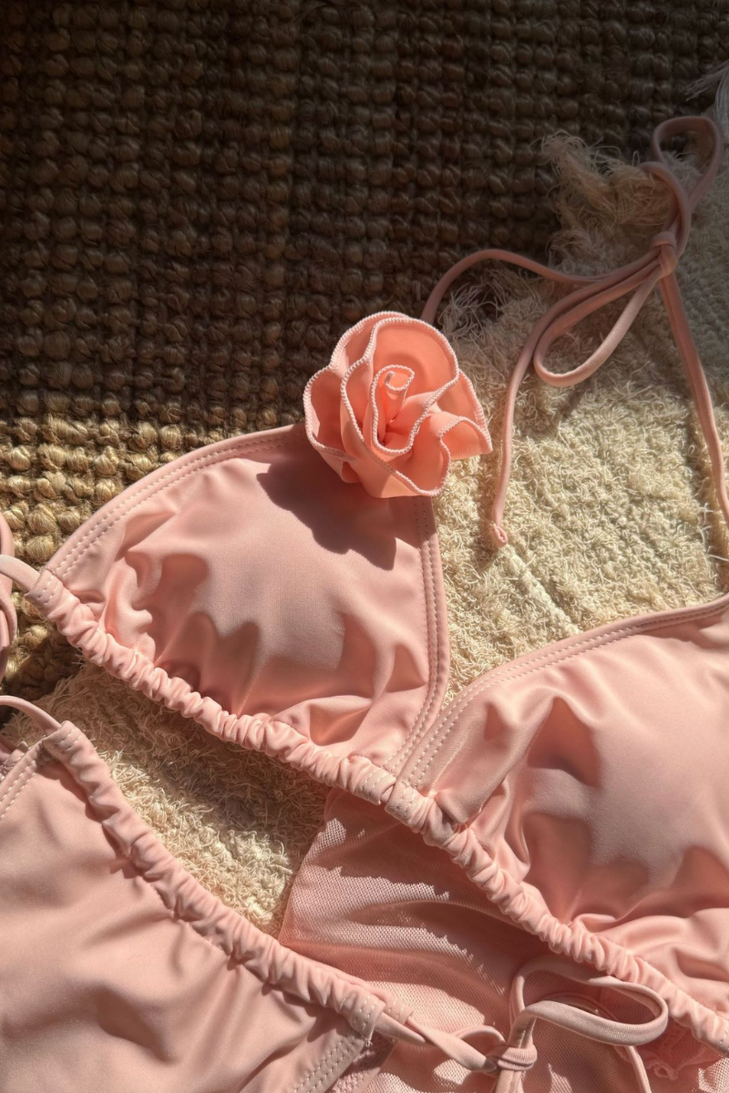 Women's Flower Halter Triangle Ruffle Bikini Three-Piece Set