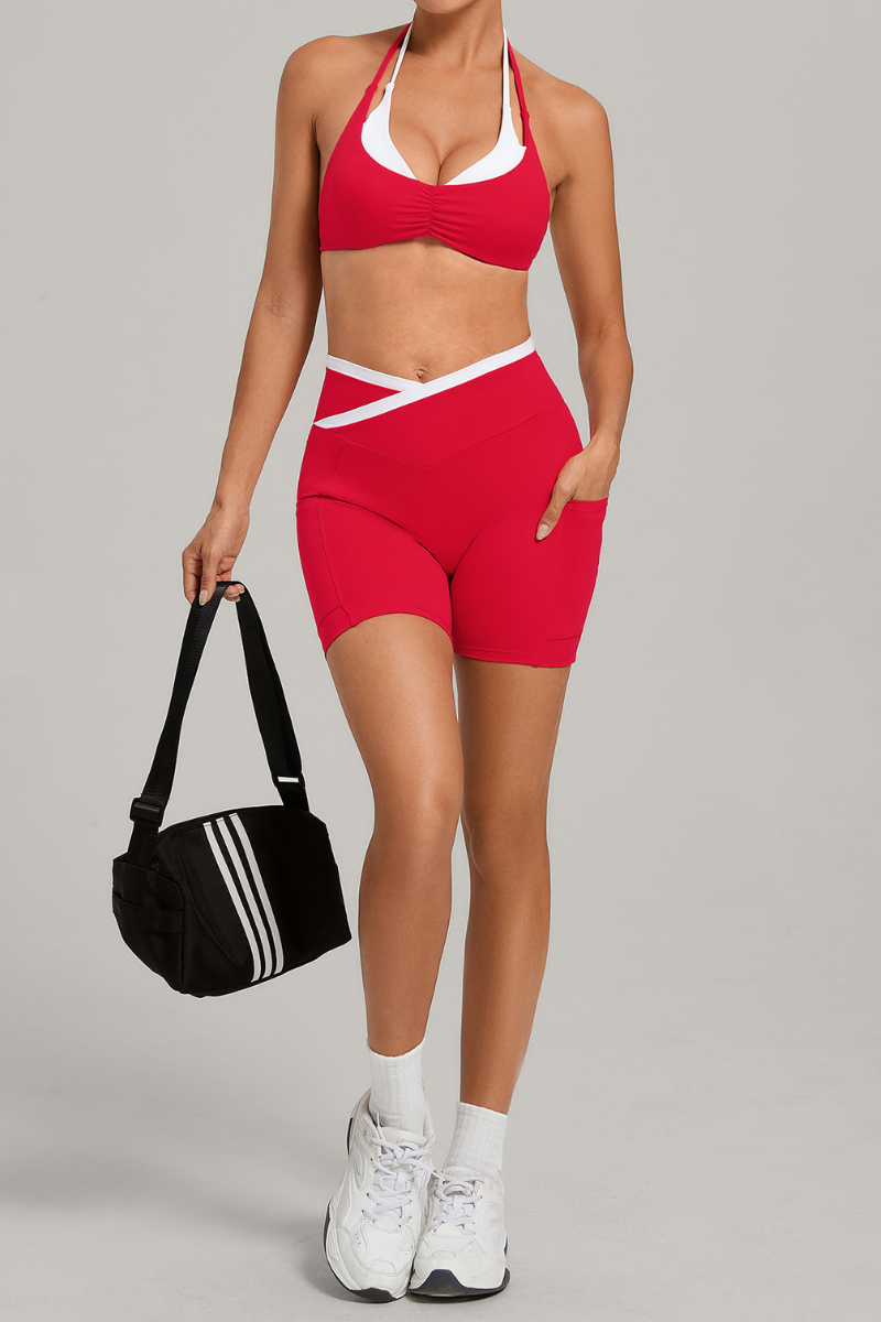 Women's Color Block Set:Halter Bra & V Waist Pocket Shorts