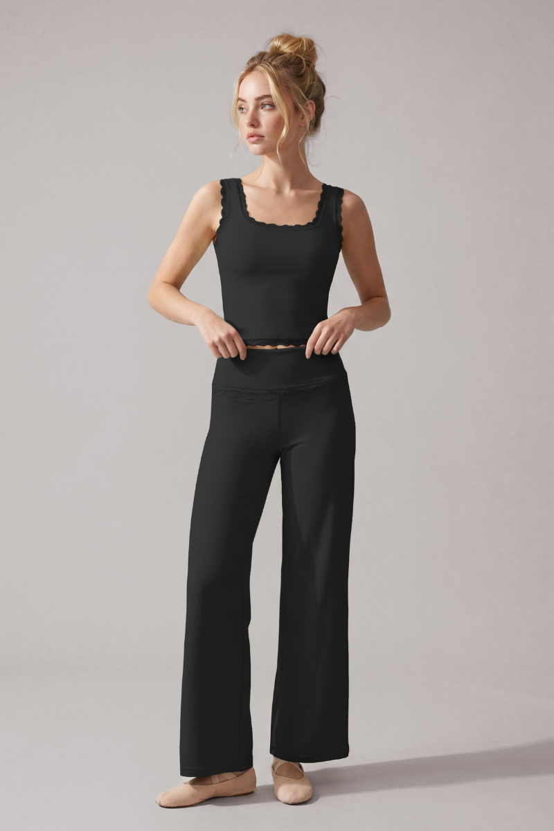 Women's Lace Trim Tank Top And Wide Leg Pants Workout Set
