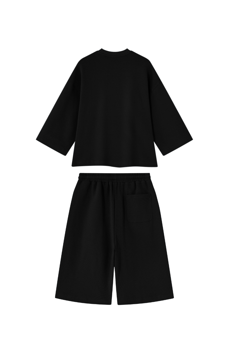Men's Waffle Knit Set:Loose Fit T-shirt & Knee Length Shorts