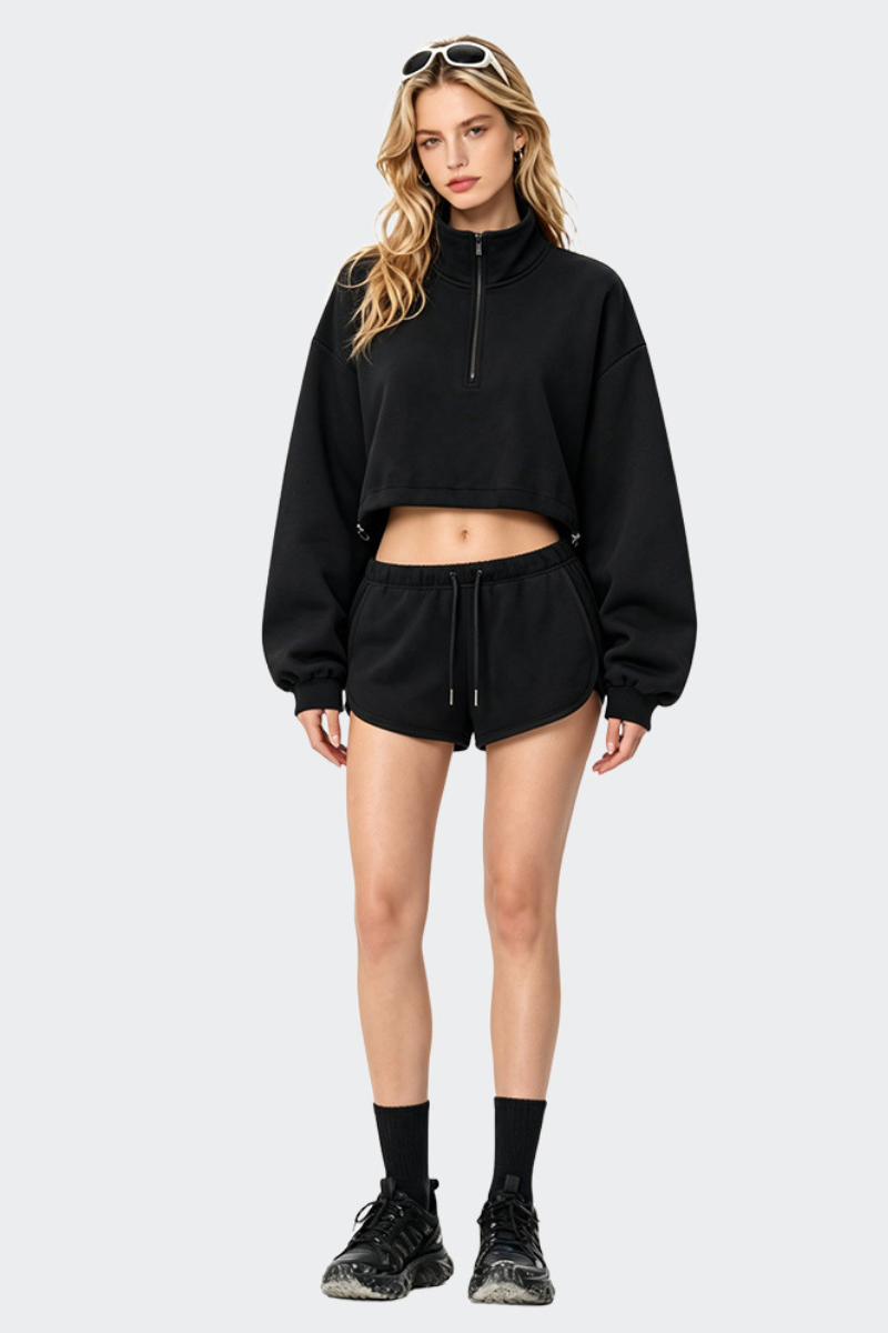 Women's Fall Half Zip Stand Collar Sweatshirts And Drawstring Shorts