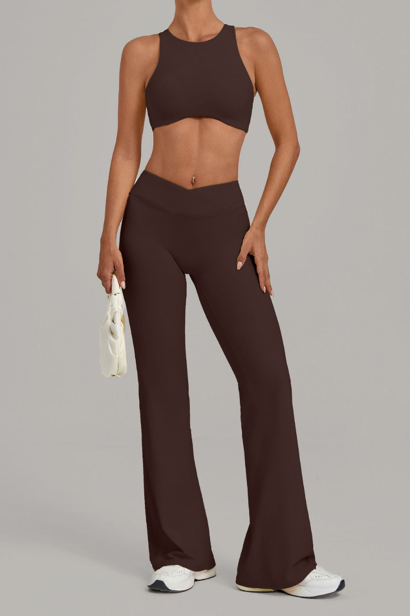 Women Cutout Back Cropped Tank Top & V waist Flare Pants Set