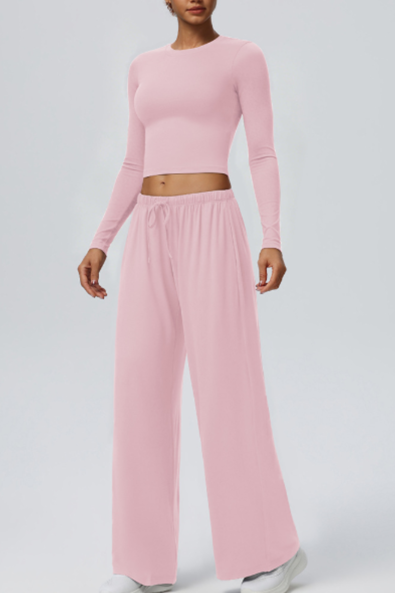 Women's Crew Neck Cropped Top and Casual Pants 2 Piece Set