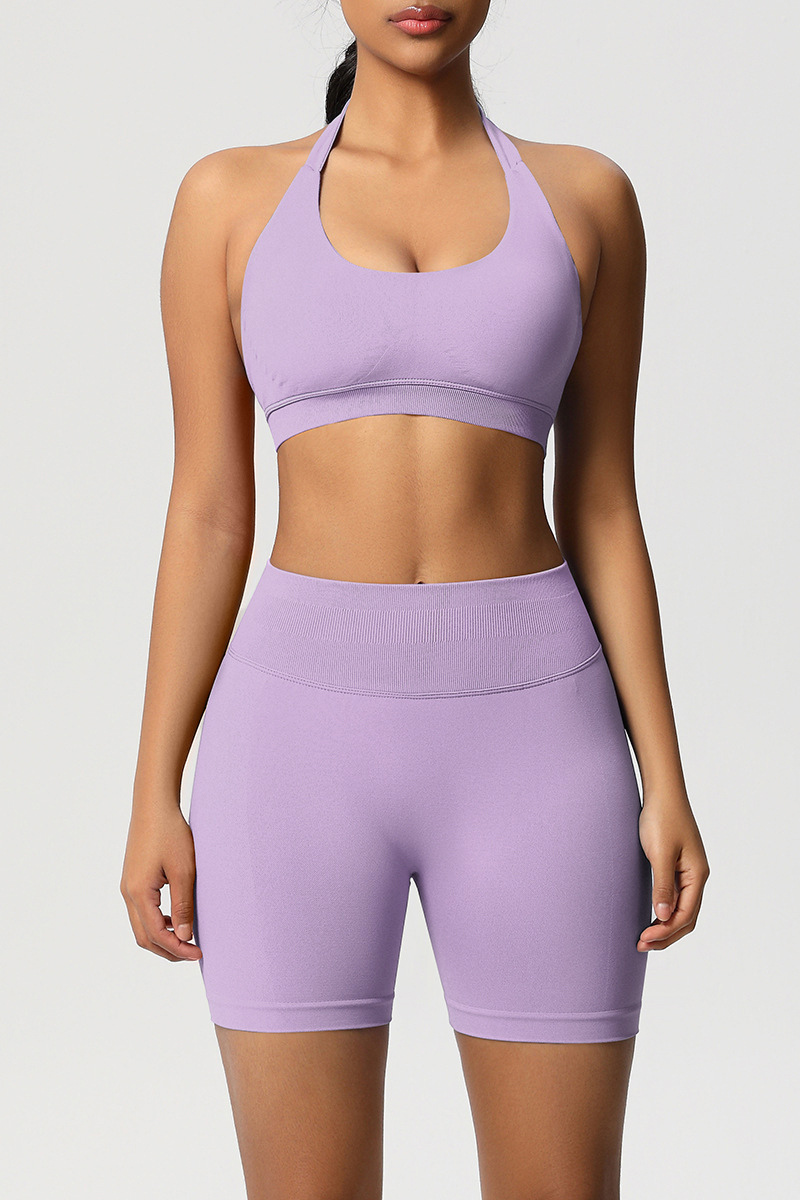 Women Halter Neck Yoga Set: High-Waisted Sculpting Shorts + Backless Sports Bra
