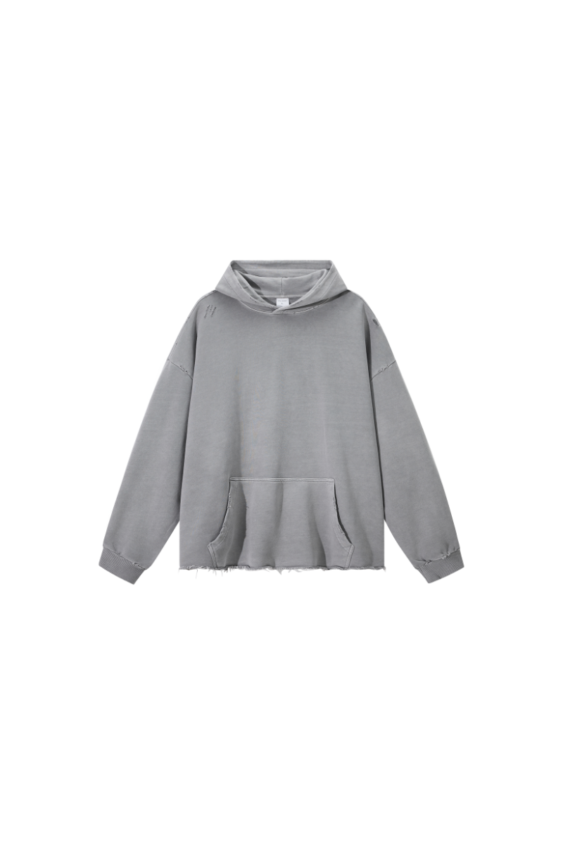 Unisex Fall Winter 100% Cotton Washed Frayed Hem Hoodie