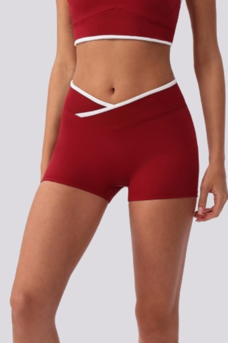 Women's Contrast Cross V Waist Bare Feel Yoga Shorts
