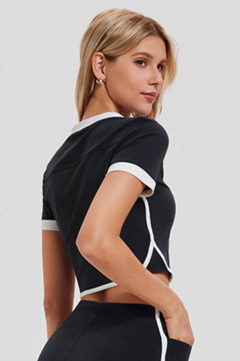Women's Contrast Trim V-Neck Cropped Tennis T-shirt