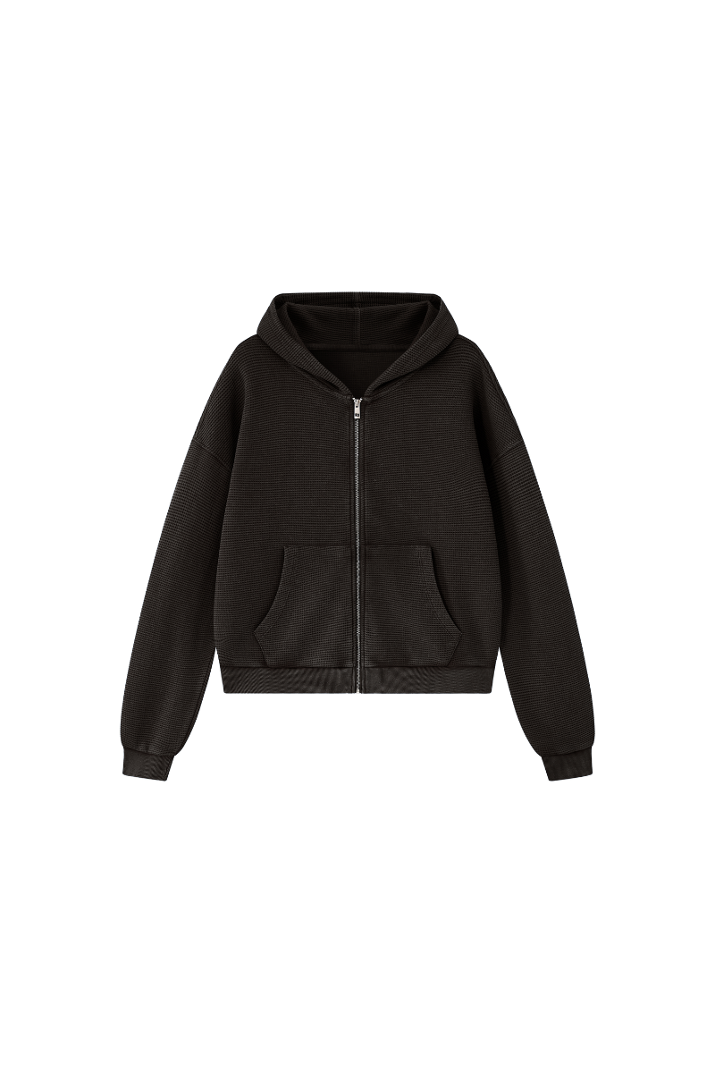 Men's Fall Vintage Washed Waffle Full Zip Up Hooded Jacket